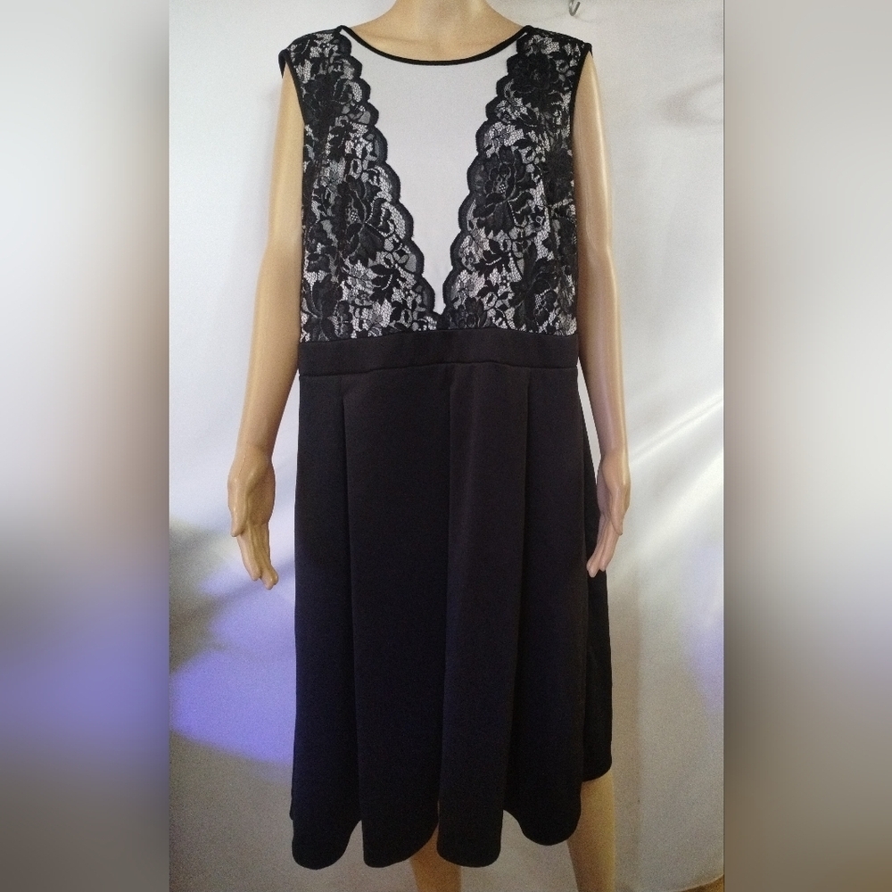 R&K Black White Lace Dress 20W Plus Size Sleeveless Fit Flare Elegant Cocktail